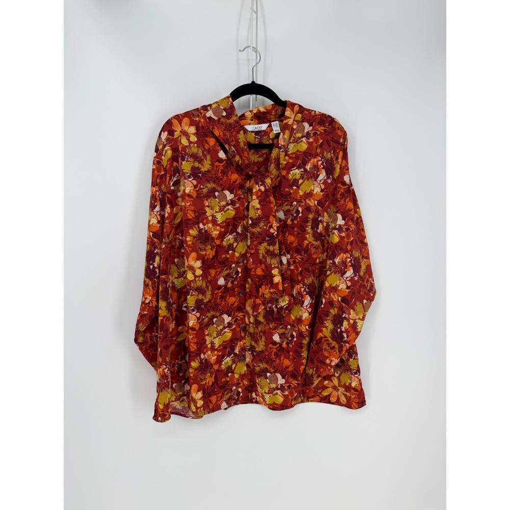 Denim & Co Blouse Womens 2X Orange Floral Tie Neck Button Front Boho Fall Office